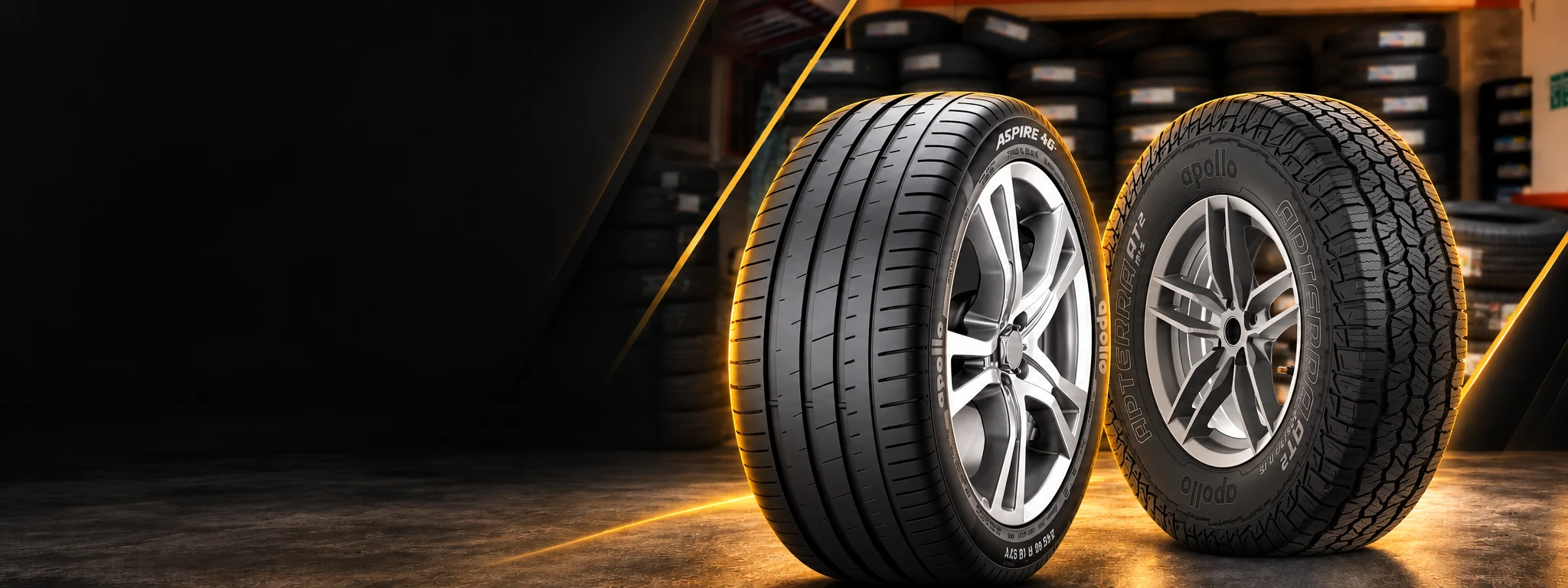 ยาง Apollo สำหรับรถเก๋ง SUV และกระบะ | K2P TIRE สวนสยาม–รามอินทรา ภาพประกอบยาง Apollo ASPIRE 4G+ และ Apterra AT2 ของ K2P TIRE สวนสยาม–รามอินทรา